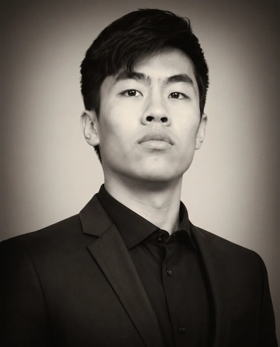 Evan Kwan, black and white studio portrait